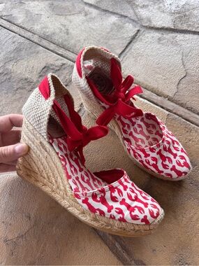 Tory Burch Lobster Print Wedge Wrap Espadrilles Ankle Tie Canvas EU 35 US 5